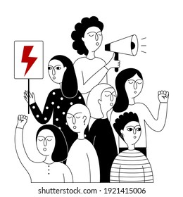 Women's protest. A group of women with a poster and a loudspeaker take part in a protest against the tightening of the abortion law in Poland. Vector doodle illustration isolated on a white background