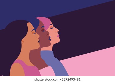 Womens proud heads abstract silhouettes background. Multiethnic females allyship. Girl power alliance for equal opportunities womens rights banner. International womens day. Vector illustration.