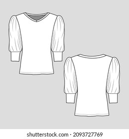 Womens Puff Sleeve with cuff v neck t shirt top blouse Gathering cad Flat Sketch technical drawing template design vector