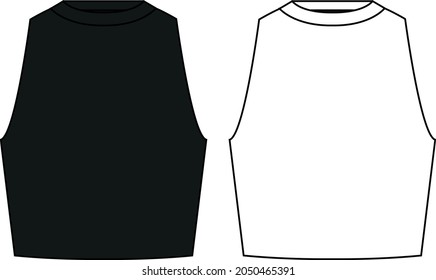 Women's Puff Sleeve, Shirred, Ruffle Hem, Crop Top. Top technical fashion illustration with V-neck. Flat top apparel template front, back, white, and black color style. Women CAD mock-up.