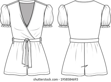 Women's Puff Sleeve Wrap Playsuit. Technical fashion playsuit illustration. Flat apparel playsuit template front and back, white color. Women's CAD mock-up.