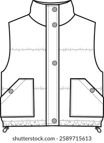 Women's Puffer Gilet. Technical fashion illustration. Front, white color. Unisex CAD mock-up.