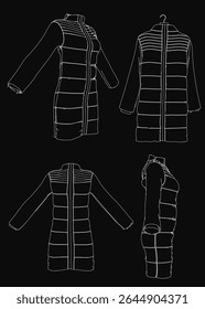 A linha de jaqueta puffer feminina desenhada no fundo preto apresenta um colarinho alto, mangas compridas e fechamento com zíper. Tecido resistente à água leve com quatro bolsos, ideal para tempo frio.