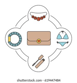 Women's purse contents color icons set. Clutch, mascara, hair scrunchy, necklace, swimsuit. Isolated vector illustrations