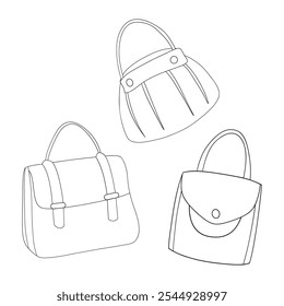 Women's purse or handbag outline for coloring on a white background, perfect for creative projects and activities.