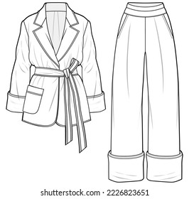 traje pajama de mujer dibujo plano ilustración vectorial plantilla técnica de dibujo de cad