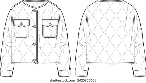 Women's Quilted Collarless Jacket. Technical fashion illustration. Front and back, white colour. Women's CAD mock-