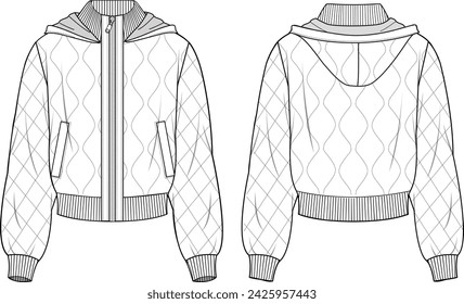 Women's Quilted Hooded Bomber Jacket. Technical fashion illustration. Front and back, white color. Women's CAD mock-up.