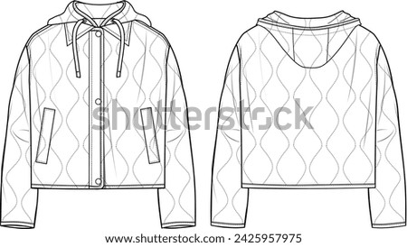 Women's Quilted Hooded Jacket. Technical fashion illustration. Front and back, white colour. Women's CAD mock-