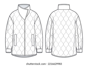 Women's quilted padded Jacket technical fashion Illustration   Oversize Down Coat technical drawing template  long sleeve  pockets  front   back view  white  CAD mockup 