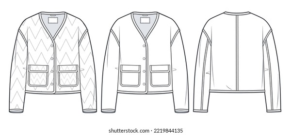 Moda técnica de la Chaqueta acolchada de las mujeres Ilustración.  Moda de la Chaqueta sobredimensionada plantilla de dibujo técnico plano, manga larga, bolsillos, vista frontal y trasera, blanco, conjunto de maquillaje CAD.