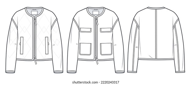 Women's quilted padded Jacket technical fashion Illustration  Crop Jacket technical drawing template  zip  up  long sleeve  pockets  front   back view  white  CAD mockup set 