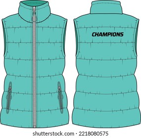 Womens Quilted Puffer gilet jacket design flat sketch Illustration, Sleeveless Down puffa Padded jacket with front and back view, Soft shell winter jacket for girls and ladies for outerwear in winter