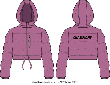 Womens Quilted Puffer Hooded jacket design flat sketch Illustration, Down puffa Padded Hoodie jacket with front and back view, Soft shell winter jacket for girls and ladies for outerwear in winter.
