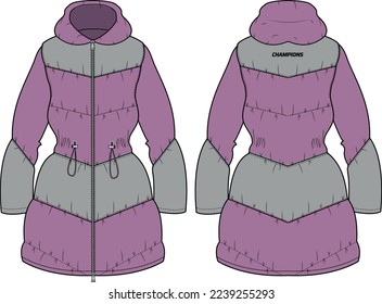 Womens Quilted Puffer Hoodie jacket dress design flat sketch Illustration, puffa Padded Hooded jacket with front and back view, Soft shell winter jacket for girls and ladies for outerwear in winter.