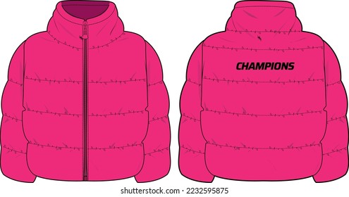Womens Quilted Puffer jacket design flat sketch Illustration  Down puffa Padded Hooded jacket and front   back view  Soft shell winter jacket for girls   ladies for outerwear in winter 