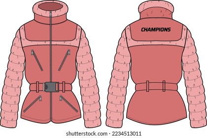 Womens Quilted Puffer jacket design flat sketch Illustration, Down puffa Padded jacket with front and back view, Soft shell winter jacket for girls and ladies for outerwear in winter.