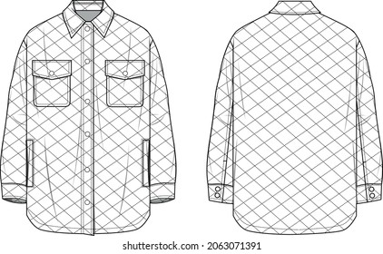 Women's Quilted Shacket- Shacket technical fashion illustration. Flat apparel jacket template front and back, white colour. Unisex CAD mock-up