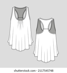 Womens racerback tank top neck gathering fashion style mock up Cad Flat Sketch technical drawing template design vector