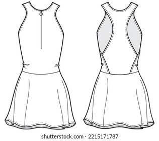 mujeres racerback tenis vestido de golf moda dibujo plano ilustración vectorial. plantilla técnica de dibujo de vista frontal y posterior.