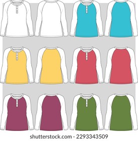 Women's Raglan Henley neck full sleeve t shirt flat sketch