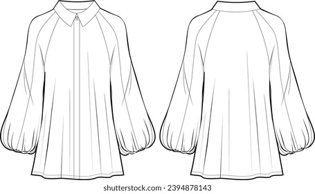 Women's Raglan Puff Sleeves Shirt Technical Drawing