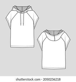 Womens Raglan Short Sleeve hoodie sweatshirt drawstring fashion cad mock up flat sketch technical drawing design vector