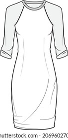 women's raglan sleeve t shirt dress crew neck long sleeve dress flat sketch vector illustration