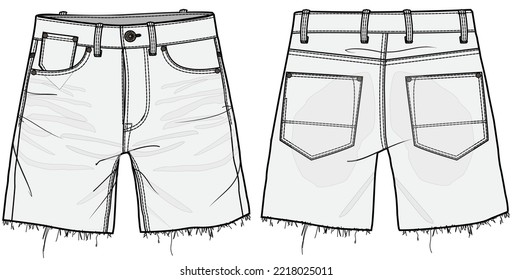 womens raw hem denim jean short pants flat sketch vector illustration front and back view technical cad drawing template.