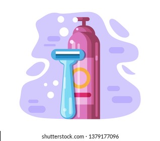 Women's razor, gel or shaving foam, beauty kit for removing body hair. Flat Vector Illustration