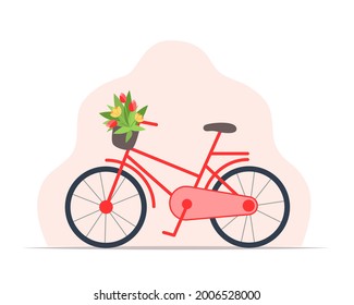 Women's red bicycle with a basket of flowers