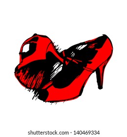 Womens red fancy shoes hand drawn sketch on white background, vector illustration