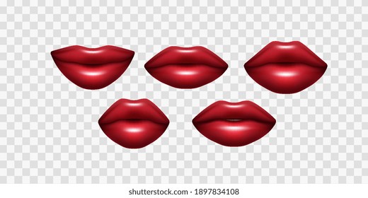 Women's Red Lips Set stylische leicht offene Mund isoliert 3D Realistisches Modelayout transparenter Hintergrund-Design Vektorgrafik