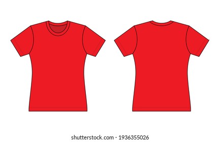 Women's Red Short Sleeve T-Shirt Template Vector On White Background.Front and Back View.