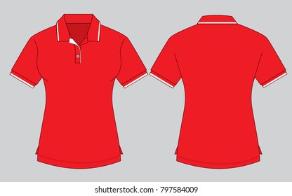 Women's red short slleve polo shirt design on gray background. Front and back views, vector file.