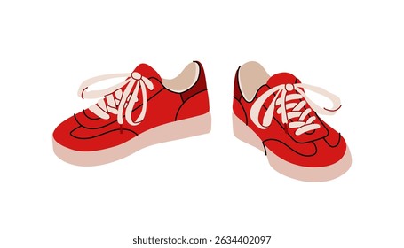 Women's red sneakers. Sports spring fashion. Trendy women's shoes. Sports spring fashion. Comfortable clothes and shoes. Trendy minimalist style. Vector flat illustration.