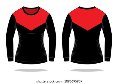 Women's Red-Black Long Sleeve T-Shirt Design Vector.Front and Back View.