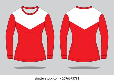 Women's Red-White Long Sleeve T-Shirt Design on Gray Background. Front and Back Views, Vector File