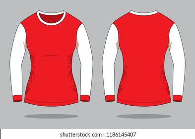 Women's Red-White Long Sleeve T-Shirt Design on Gray Background. Front and Back Views, Vector File