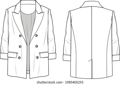 Chaqueta para Blazer regular para mujeres - Chaqueta técnica de moda. Plantilla de la chaqueta de ropa plana en la parte delantera y trasera, color blanco. Burla de CAD de mujeres.