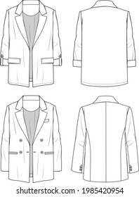 Chaqueta de la Chaqueta para Blazer Regular para Mujeres - Chaqueta de moda técnica. Plantilla de la chaqueta de ropa plana en la parte delantera y trasera, color blanco. Burla de CAD de mujeres.