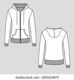 Womens Regular Zipper Hoodie Sweatshirt Drawstring Kangaroo Pocket Rib Cuff Hem Autumn Winter Fashion Cad Mock Up Flat Sketch Technical Drawing Design Vector