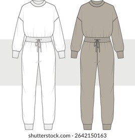 Women's relaxed fit drop shoulder jumpsuit technical fashion drawing, flat sketch vector, illustration. Sportswear set. CAD, mockup.