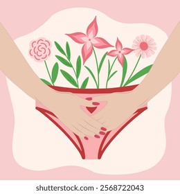 Women's Reproductive Health Illustration with Flowers and Hands, Self-Care During Menstruation and Body Positivity