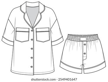 Conjunto de pijama resort para mujer de manga corta Botón camisa y pantalones cortos Ilustración vectorial de croquis planos Plantilla técnica de dibujo de CAD