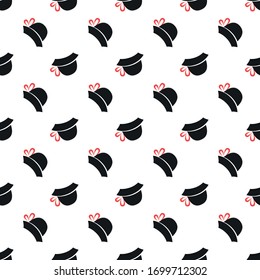 Women's retro black hats with red bows on a white background. Seamless pattern vector.