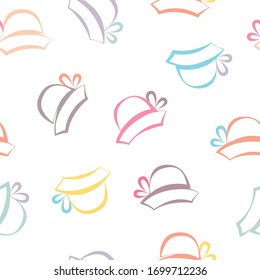 Women's retro multicolored hats with multicolored bows on a white background. Seamless pattern vector.