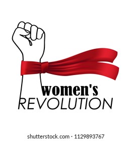 Womens Revolution t-shirt fashion print on white background. Pattern with lettering, fist and red ribbon for tshirt and apparel graphics, poster, print, postcard.