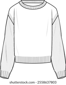 Women's Rib Stitch Sleeve Jumper- Technical fashion illustration. Front, white color. CAD mock-up.	