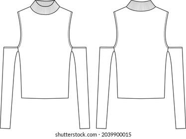 Women's Ribbed Cold Shoulder Knit Top- Sweater technical fashion illustration. Flat apparel sweater template front and back, white color. Women's CAD mock-up.